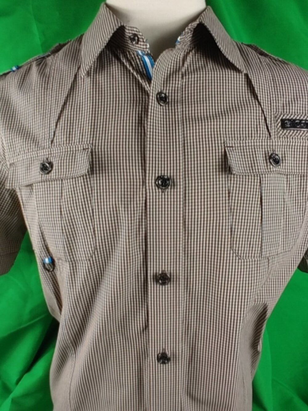 Cavi XL Fitted Metal Button Military Style Shirt Short Sleeve Brown/White